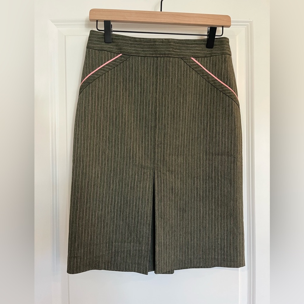 Elevenses Olive Pinstripe Pencil Skirt with Pink Details